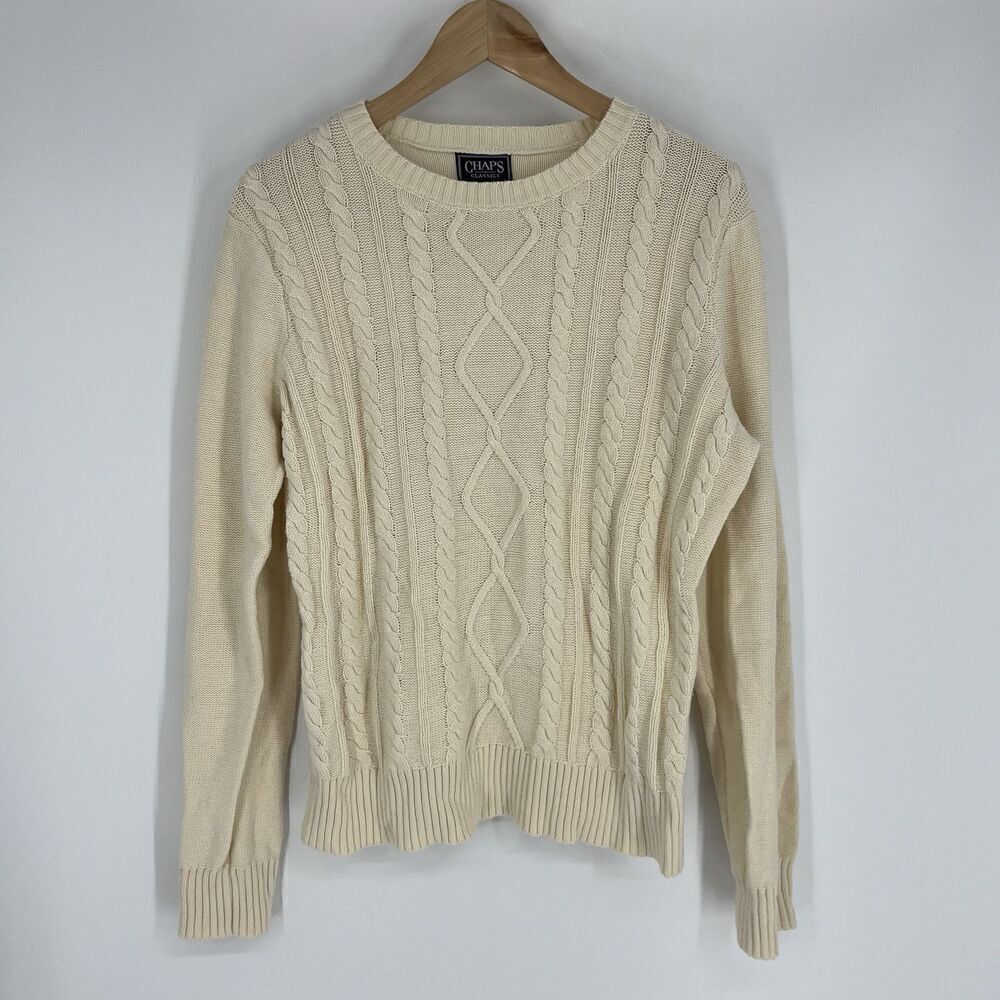 Chaps Classics Sweater Size XL Womens Ivory Cotton Cable Knit Fisherman Crewneck